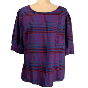 ELOQUII Womens Multi Plaid Puff‎ Sleeve Top Sz 18 Office Career Plus Size